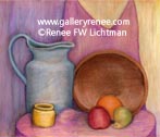Blue Pitcher Wooden Bowl, Fine Art for Sale, Original Art, Pastel Drawing, Artist Renee FW Lichtman