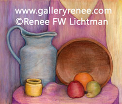 "Blue Pitcher Wooden Bowl" Pastels on Pastel Paper, Still Life Art Gallery, Fine Art for Sale from Artist Renee FW Lichtman