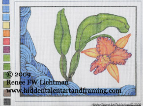 "Art Deco Cattleya"  Needlepoint Art Canvass, Needlepoint Art Gallery, Fine Art for Sale from Artist Renee FW Lichtman