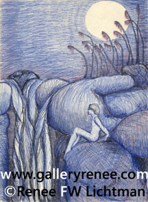 "Rock Nymph" Ballpoint Pen Drawing, Fantasy Art Gallery, Fine Art for Sale from Artist Renee FW Lichtman