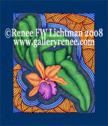 "Stained Glass Cattleya" with Pre-Printed Mat, Ballpoint Pen Drawing, Fine Art for Sale from Artist Renee FW Lichtman