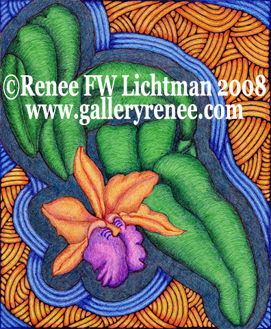 "Stained Glass Cattleya Edition A"  BAllpoint Pens, Ballpoint Pen Art, Botanical and Floral Art, Orchid Art , Original Art, Fine Art for Sale from Artist Renee FW Lichtman
