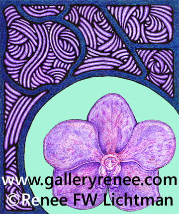 "Stained Glass Vanda Aqua" Digital Recomposition from a Ballpoint Pen and Pen and Ink Drawing, Botanical and Floral Art, Orchid Art Gallery, Fine Art for Sale from Artist Renee FW Lichtman