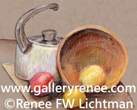 "White Kettle Wooden Bowl" Pastels on Pastel Paper, Still Life Art Gallery, Fine Art for Sale from Artist Renee FW Lichtman