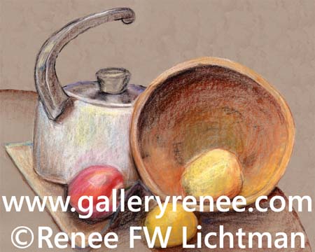 "White Kettle Wooden Bowl" Pastels on Pastel Paper, Original Art Gallery, Still Life Art Gallery, Fine Art for Sale from Artist Renee FW Lichtman