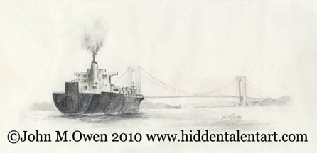 "Cargo Ship and Verazanno"  Landscape Art Gallery, Pencil and Charcoal Sketch from John Owen