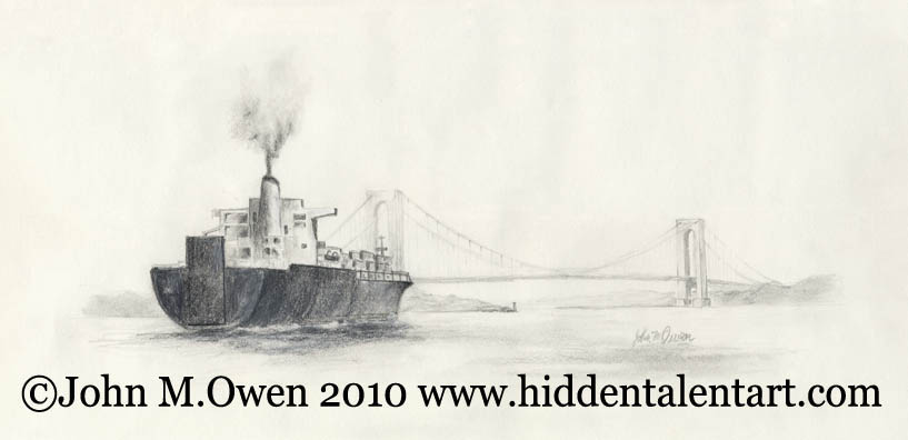 "Cargo Ship and Verazano" Landscape Art Gallery, Charcoal and Pencil from Artist John Owen
