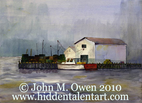 "Port Clyde Dock" Landscape Art Gallery, Plein Air Watercolor Painting from Artist John Owen