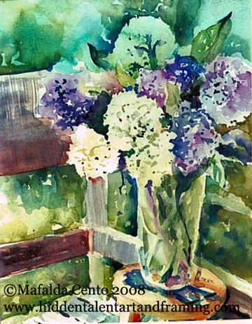 "Hydrangeas on Porch" Still Life Art Gallery, Watercolor Painting From Mafalda Cento