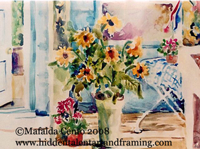 Sunflowers on a Porch watercolor painting from artist Mafalda Cento