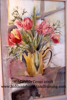Tulips in a Yellow Pitcher watercolor painting from artist Mafalda Cento