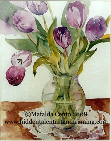 "Tulips With Scarf" Still Life Art Gallery, Watercolor Painting From Mafalda Cento
