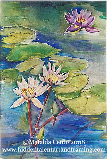 "White Water Lilies" Botanical Art Gallery, Watercolor Painting From Mafalda Cento