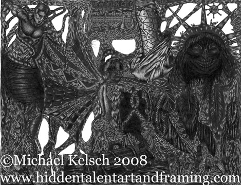 "10-15-03" Fantasy Art Gallery, Pen and Ink Drawing from Artist Michael Kelsch