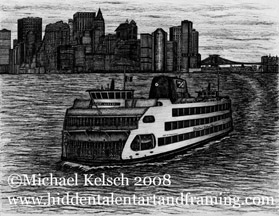 Staten Island Ferry Prints" Andrew Barberi"  Pen and Ink Art from Michael Kelsch