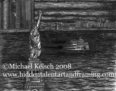 Staten Island Ferry Prints and Original Art " Approaching Lady Liberty"  Pen and Ink Art from Michael Kelsch