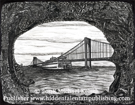 Staten Island Ferry Prints and Original Art 
"Staten Island Ferry and the Verazano Bridge"  Pen and Ink Art from Michael Kelsch