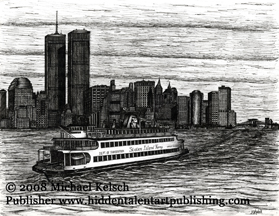 Staten Island Ferry Prints" Ferry Passing Downtown"  Pen and Ink Art from Michael Kelsch
