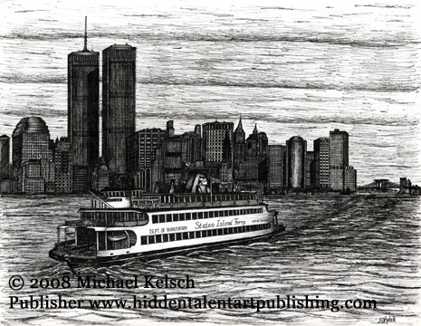 Staten Island Ferry Prints and Original Art "Ferry Passing Downtown" Pen and ink drawing from Michael Kelsch