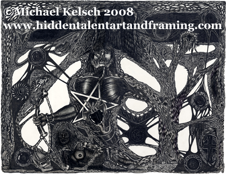 "Fruit Of All Evil" Fantasy Art Gallery, Pen and Ink Darwing from Artist Michael Kelsch