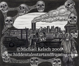 "Hell Visits New York" Fantasy Art Gallery, Pen and Ink Art from Michael Kelsch