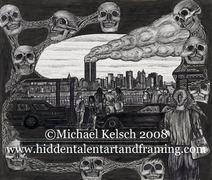 "Hell Visits New York" Fantasy Art Gallery, Pen and Ink Drawing from Artist Michael Kelsch
