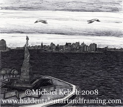 Staten Island Ferry Prints "Lady Libertyl"  Pen and Ink Art from Michael Kelsch