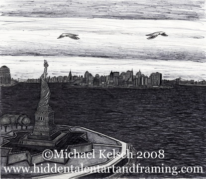 Staten Island Ferry Prints and Original Art " Lady Liberty"  Pen and Ink Art from Michael Kelsch