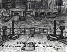 Staten Island Ferry Prints" Leaving Whitehall"  Pen and Ink Art from Michael Kelsch