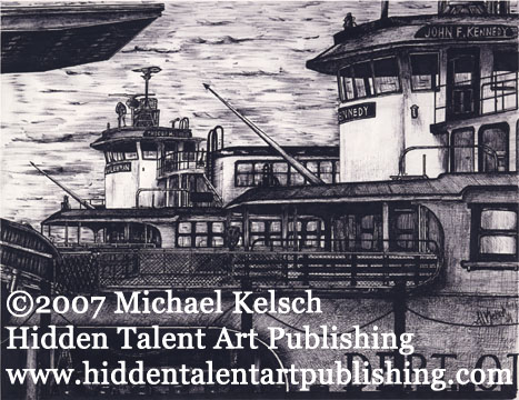 "The Lehman and the Kennedy" Staten Island Ferry Prints and Original Art, Pen and Ink Art from Michael Kelsch