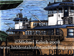Staten Island Ferry Prints" Hand Colored The Lehman and the Kennedy"  Pen and Ink Art from Michael Kelsch