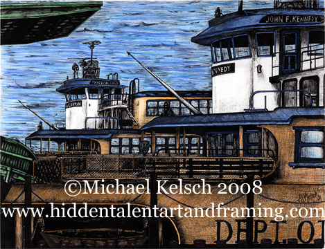 Staten Island Ferry Hand Colored Prints" Lehman and Kennedy Hand Colored Print"  Pen and Ink Art from Michael Kelsch