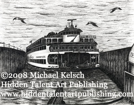 "Slip Five" Staten Island Ferry Prints and Original Art, Pen and Ink Art from Michael Kelsch