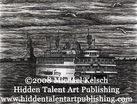 "Spirit Of America" Staten Island Ferry Prints and Original Art Pen and ink drawing  by Michael Kelsch