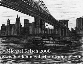 "Tug Boat Passing the Brooklyn Bridge" Saten Island Ferry Art Gallery, Orignal Pen and Ink Art from Michael Kelsch