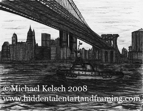 "Tug Boat Passing Brooklyn Bridge" Staten Island Ferry Art Gallery,Original pen and Ink Drawing from Michael Kelsch