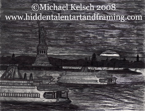 "Two Ferries" Staten Island Ferry Art Gallery, Pen and Ink  from artist Michael Kelsch