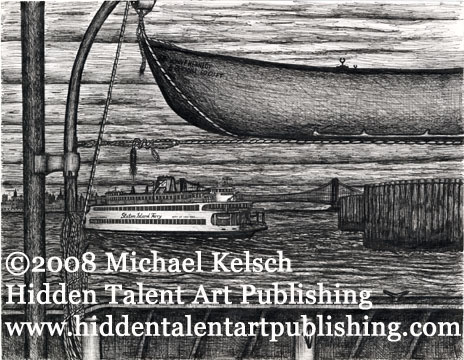 " Veiw From the JFK" Staten Island Ferry Prints and Original Art Pen and Ink Art from Michael Kelsch