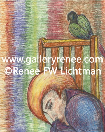 Bird Watching, Fantasy Art Gallery, Pastel Pencil Drawing from Artist Renee Lichtman