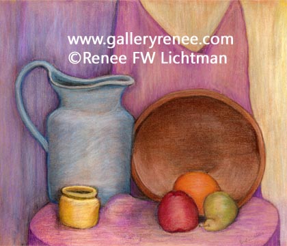 Blue Pitcher Wooden Bowl, Still Life Art, Limited Edition Art Print for Sale
