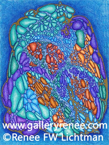 Cavitation, Abstract Art Gallery, Ballpoint Pen and Gold Ink Drawing from Artist Renee Lichtman