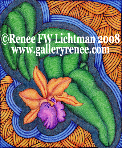 "Stained Glass Cattleya" Botanical Art Gallery,Ballpoint Pen Drawing from Artist Renee Lichtman